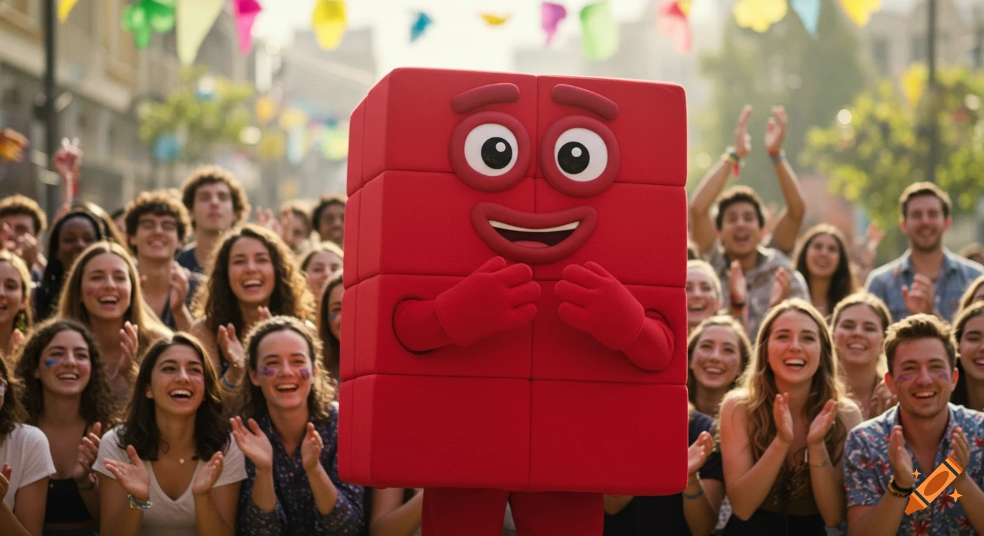 A red block-shaped Numberblocks One mascot stands in front of a cheering and clapping crowd at an outdoor event with colorful flags.