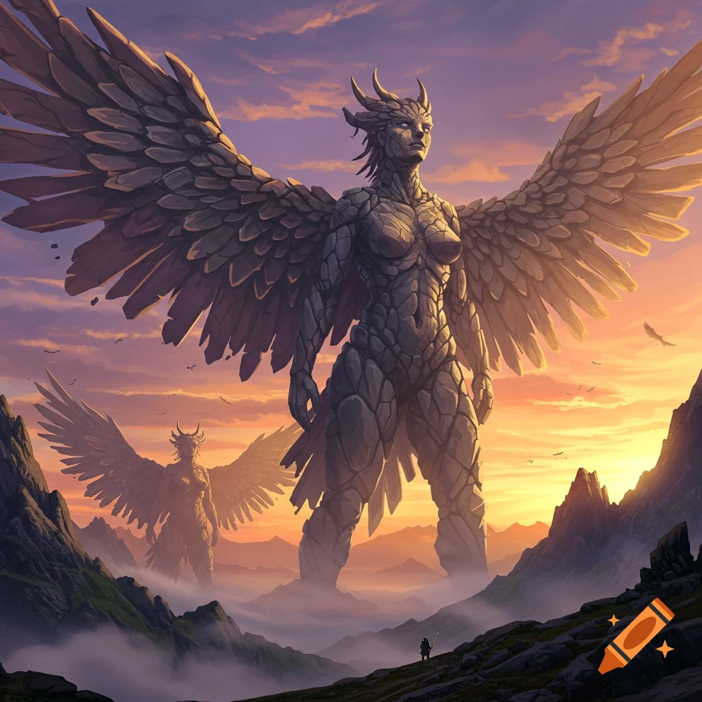 Two colossal winged stone female figures stand in a misty mountain landscape at sunset, with a tiny person in the foreground.