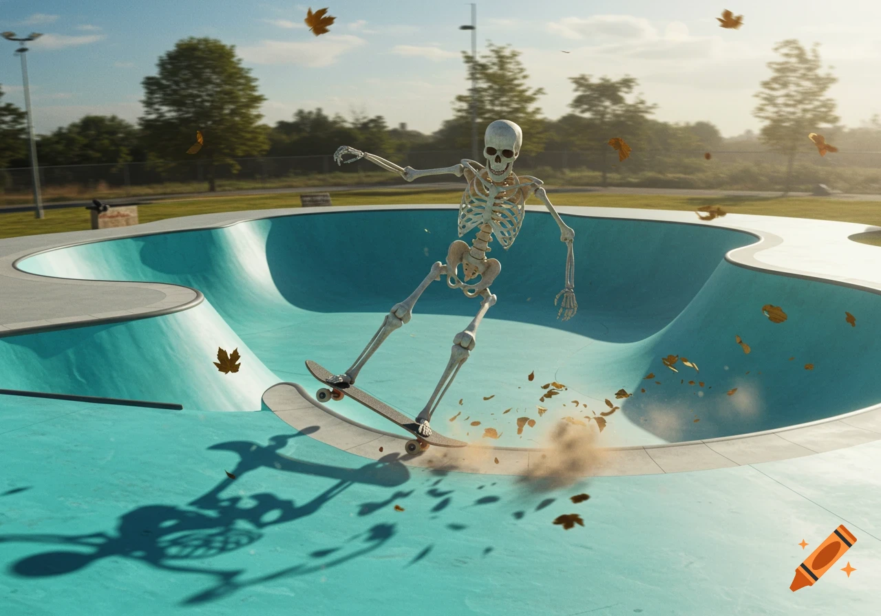 A photorealistic skeleton rides a skateboard in a skate park, kicking up dust and autumn leaves.