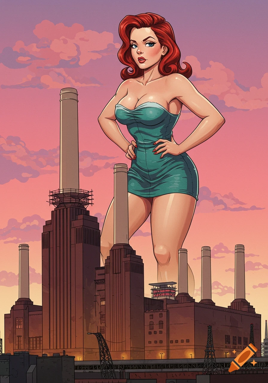A giant, red-haired pin-up woman in a green dress stands over the Battersea Power Station at sunset, in a comic book art style.