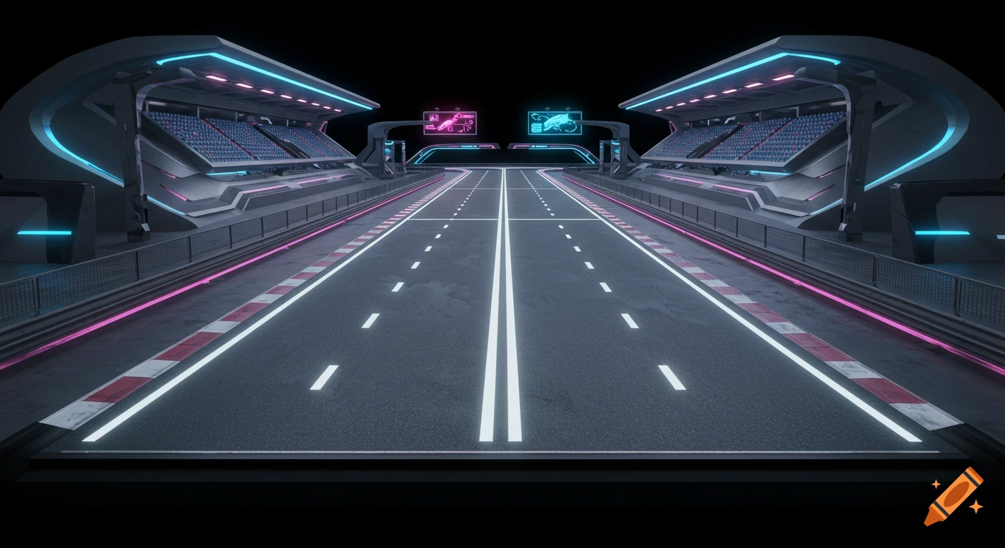 A futuristic neon-lit two-lane race track with grandstands on either side under a dark sky, rendered in a 3D style.