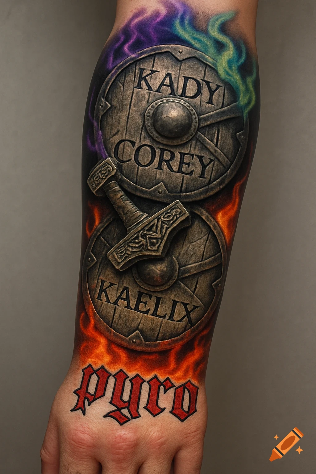 A hyperrealistic full sleeve tattoo of Viking shields, a Mjolnir hammer, colorful flames, and text on an arm and hand.