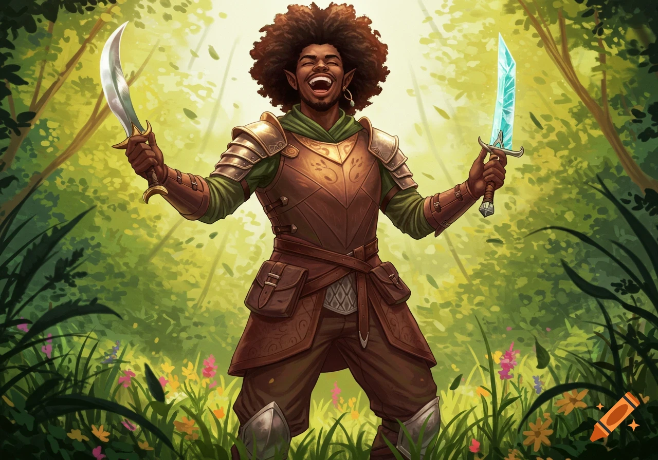 A laughing Black male elf with an afro, wearing armor, dual-wielding a silver scimitar and crystal sword in a sunlit forest.