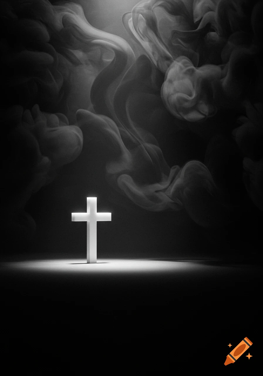 A glowing white Christian cross stands on a dark surface, illuminated against a background of swirling black smoke in a minimalist, monochromatic style.