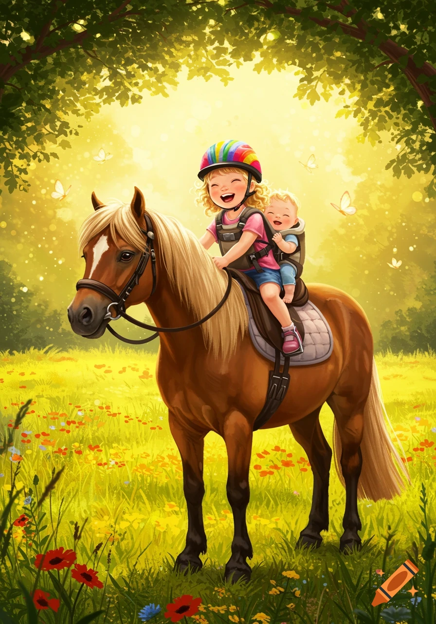 A joyful little girl with a baby on her back rides a horse through a vibrant, sunny field filled with flowers and butterflies, in a cheerful illustration style.