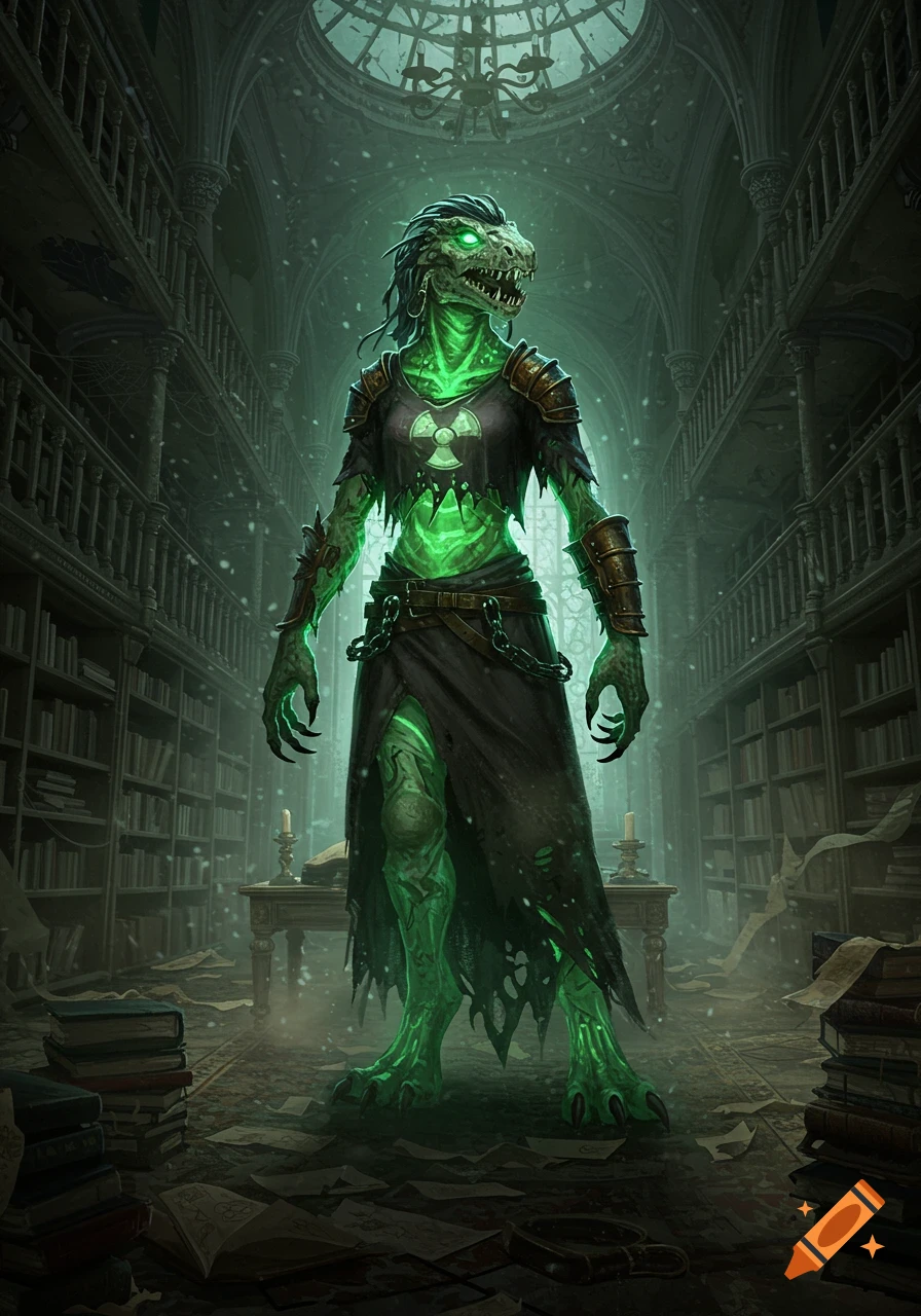 A glowing green radioactive weredinosaur zombie librarian with a radiation symbol on its chest stands in a dark, decaying library.
