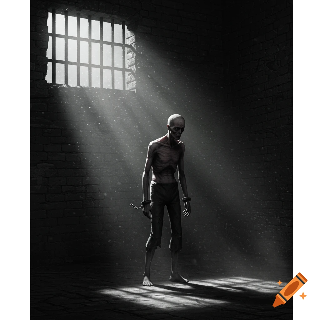 An emaciated, skeletal figure with chains stands in a dark prison cell, lit by light from a barred window.