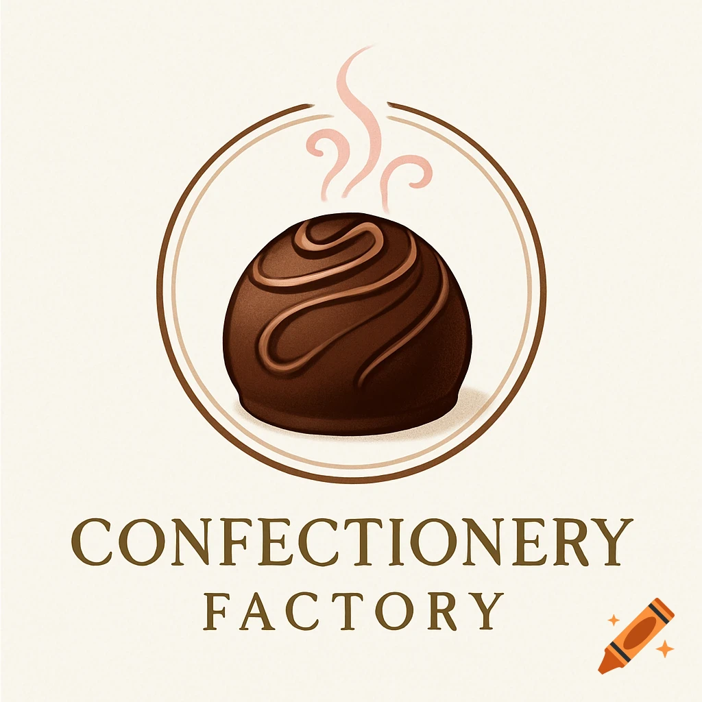 A logo featuring a chocolate truffle with steam above, enclosed in concentric circles, with 'CONFECTIONERY FACTORY' text below.