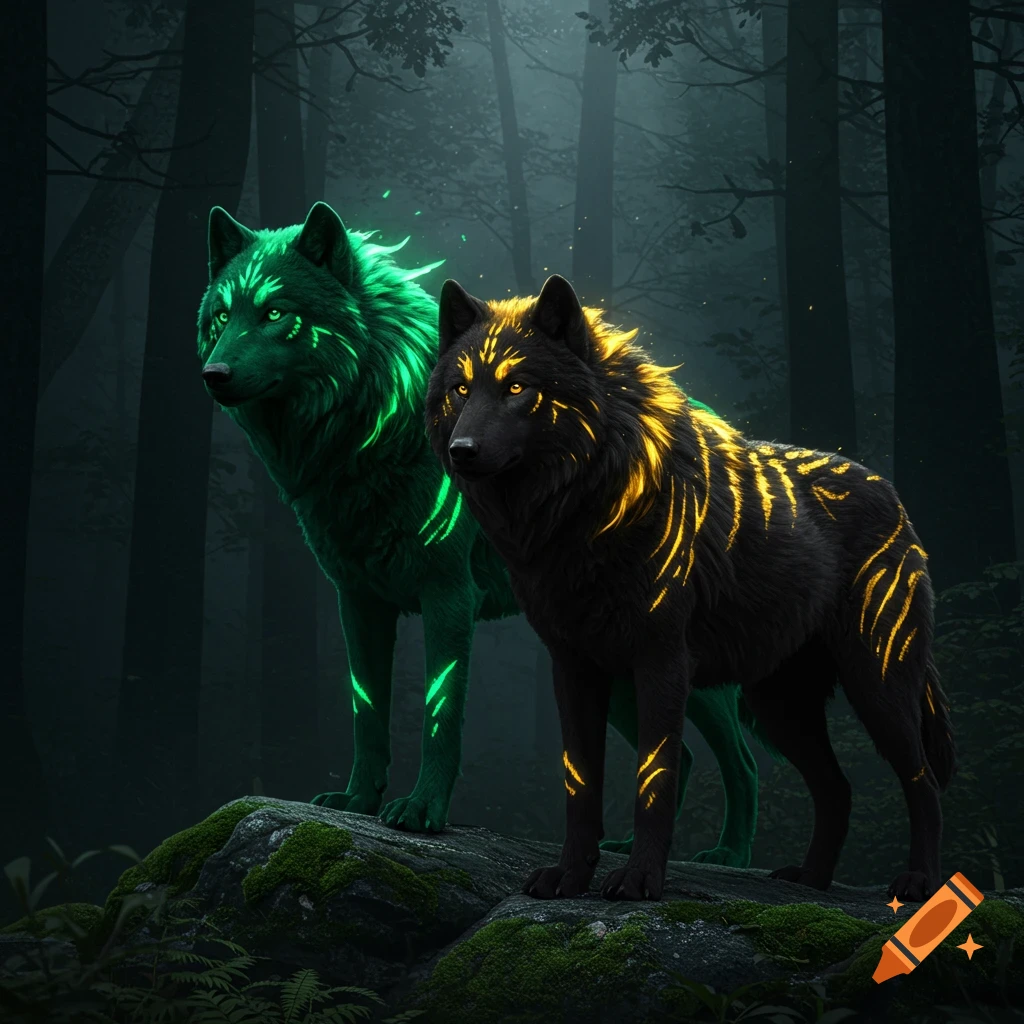 Two mystical wolves stand on mossy rocks in a dark forest. One is glowing green, and the other is black with gold glowing stripes.
