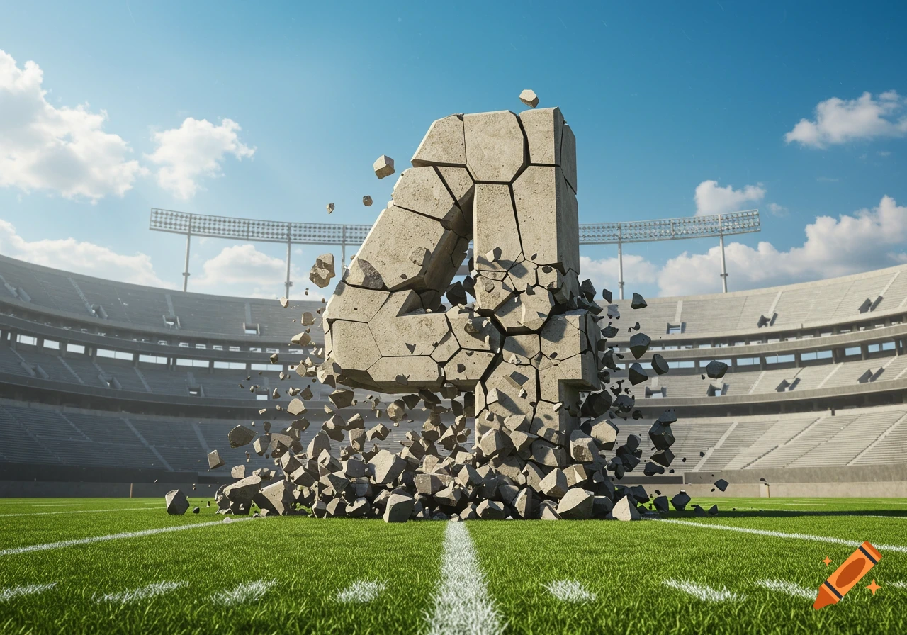 A giant concrete number 4 crumbles into pieces on the green grass of a football stadium, under a blue sky.