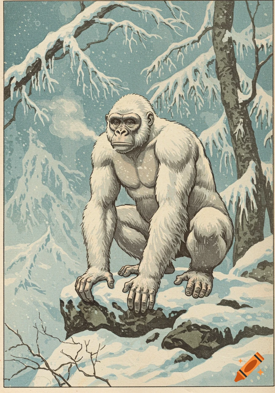 A white ape with strong muscles crouches on a snow-covered rock in a frosty winter forest, rendered in a 1950s book illustration style.
