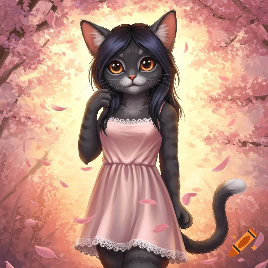 A cute gray cat-girl with large orange eyes and dark hair, wearing a pink dress, stands under falling cherry blossom petals in a sunny digital art style.