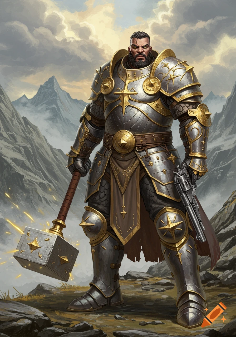 A heavily armored Goliath paladin stands in a mountainous landscape, holding a large warhammer and a revolver.