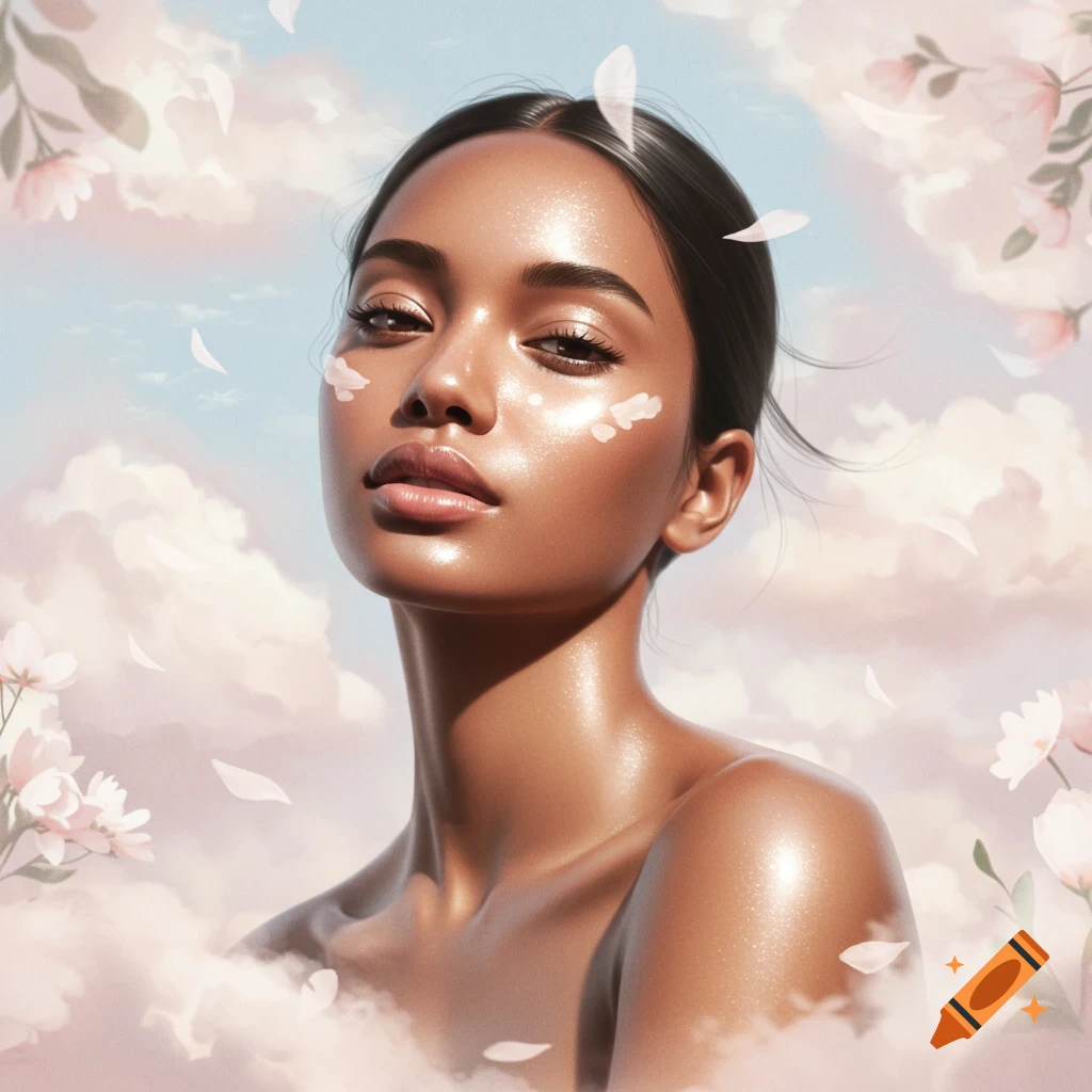 A beautiful woman with radiant skin, dark hair, looks at the viewer, surrounded by soft pink clouds and white flower petals against a blue sky.
