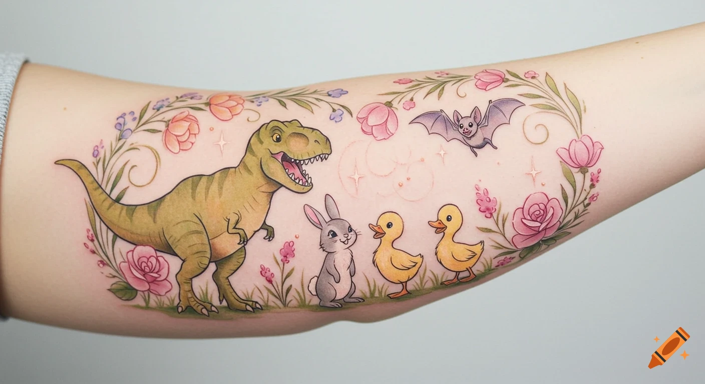 Colorful cartoon tattoo on an arm featuring a T-Rex, bunny, two ducklings, and a bat surrounded by pink and purple flowers.