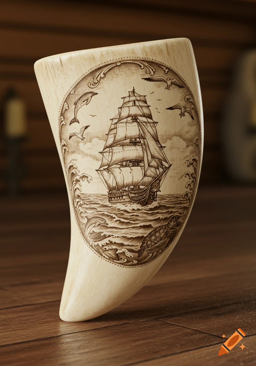Detailed scrimshaw carving on an ivory-colored tusk featuring a sailing ship, dolphins, seagulls, and a sea turtle in ocean waves.