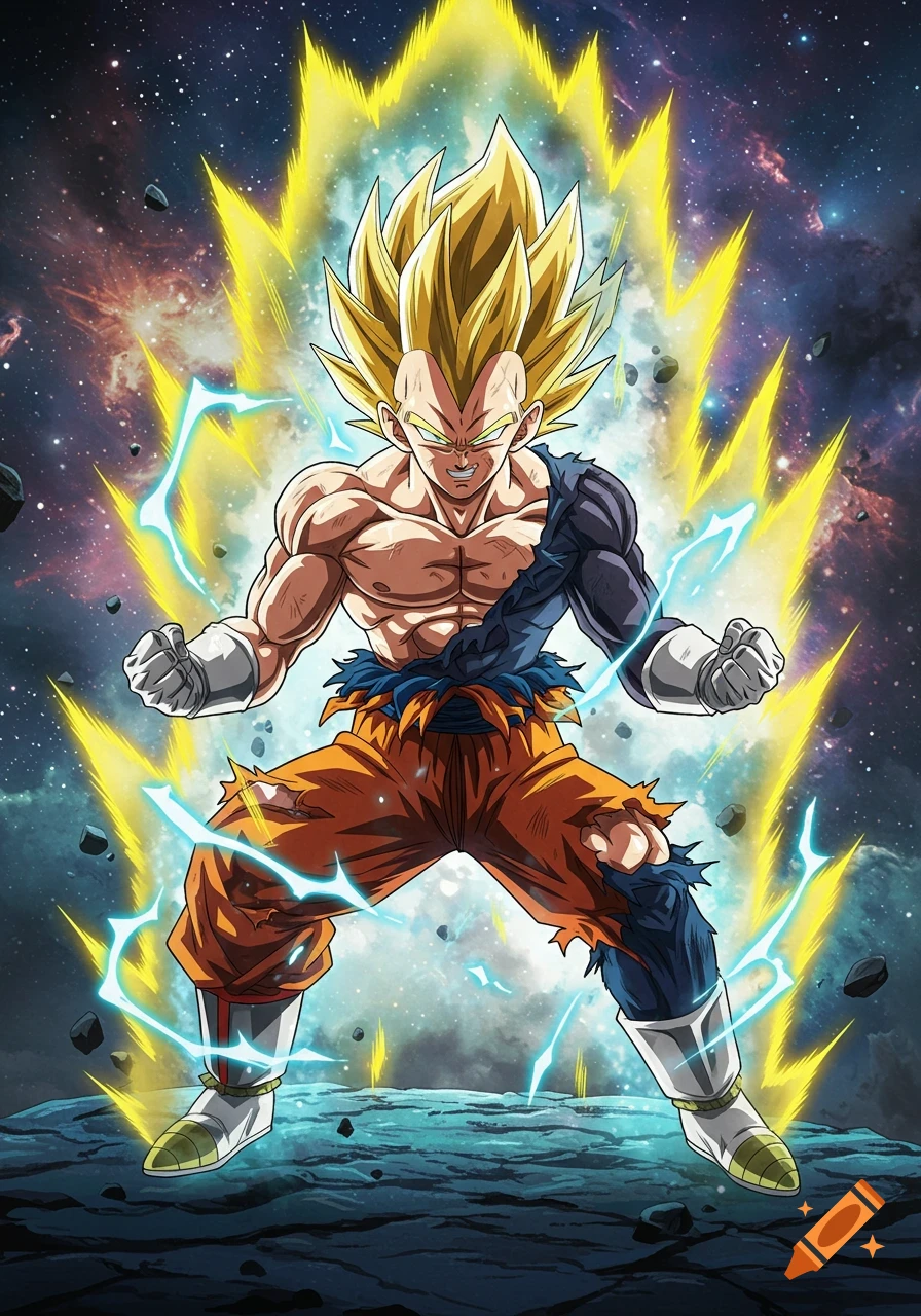 A powerful anime character resembling a Goku and Vegeta fusion, glowing with a golden aura and blue lightning against a cosmic background.