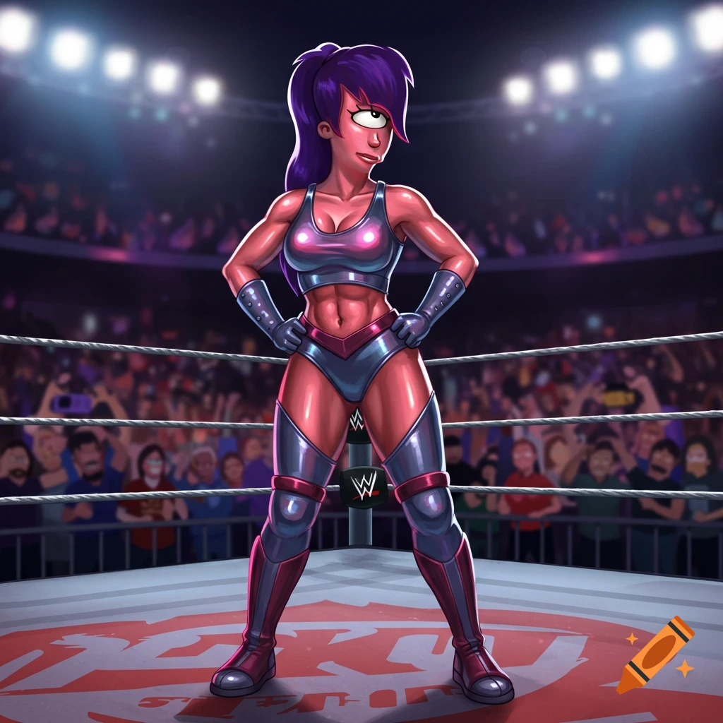 Leela from Futurama, muscular and wearing a purple and silver wrestling outfit, stands confidently in a wrestling ring. The ring has a red logo on the canvas and a crowd watches in the background.