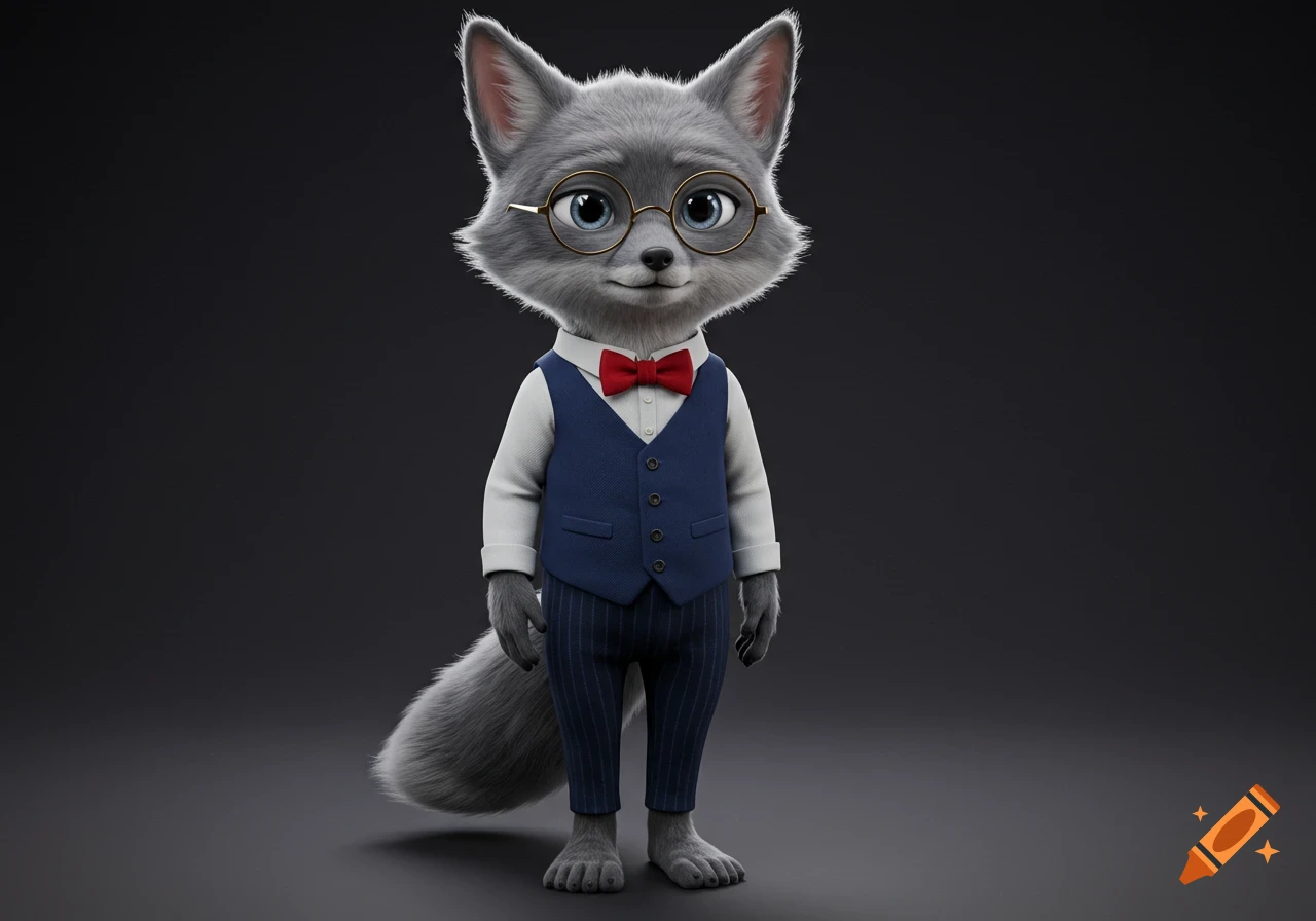 A gray anthropomorphic fox kit wearing glasses, a white dress shirt, red bowtie, and a blue vest with pinstripe pants in 3D Disney art style.