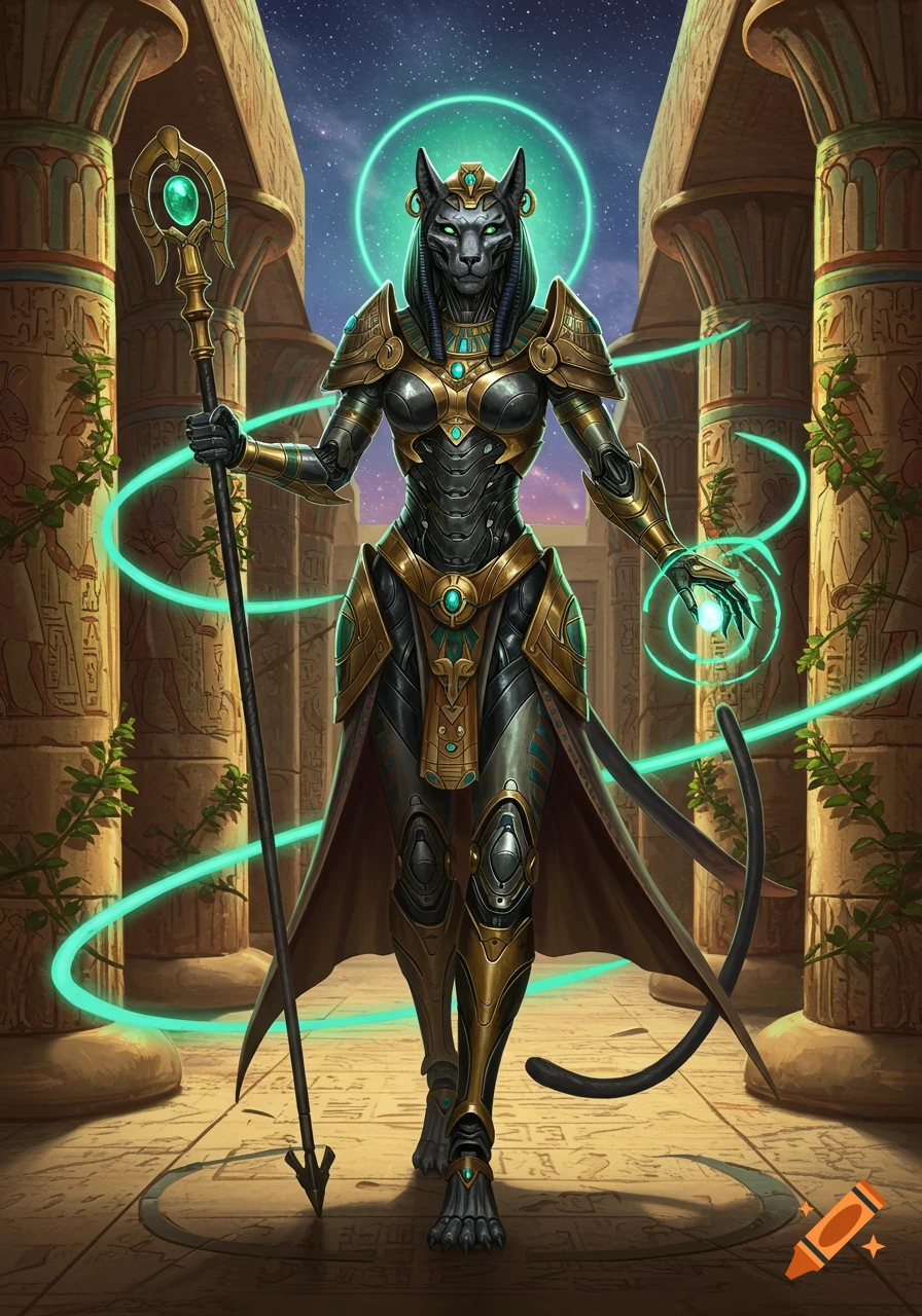 An armored, anthropomorphic cat goddess with glowing green energy in an ancient Egyptian temple under a starry sky.