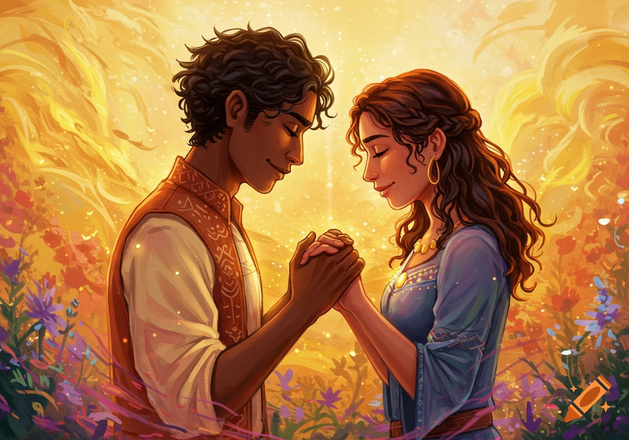 An illustrative painting of a diverse couple holding hands in a glowing, golden floral landscape.