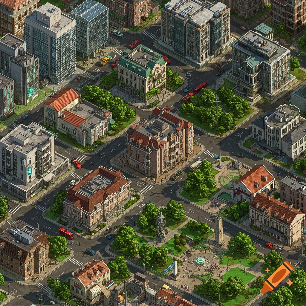 An isometric, top-down view of a detailed city with buildings, roads, cars, trees, and parks, rendered in a realistic, game-like style.