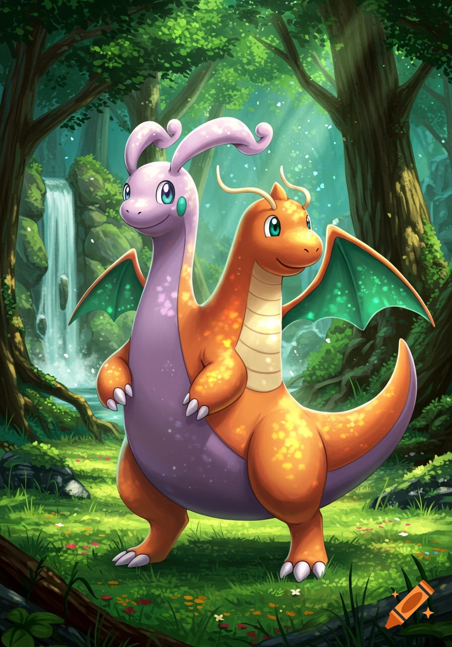 Goodra and Dragonite, conjoined, stand smiling in a vibrant forest with a waterfall, rendered in a detailed cartoon style.