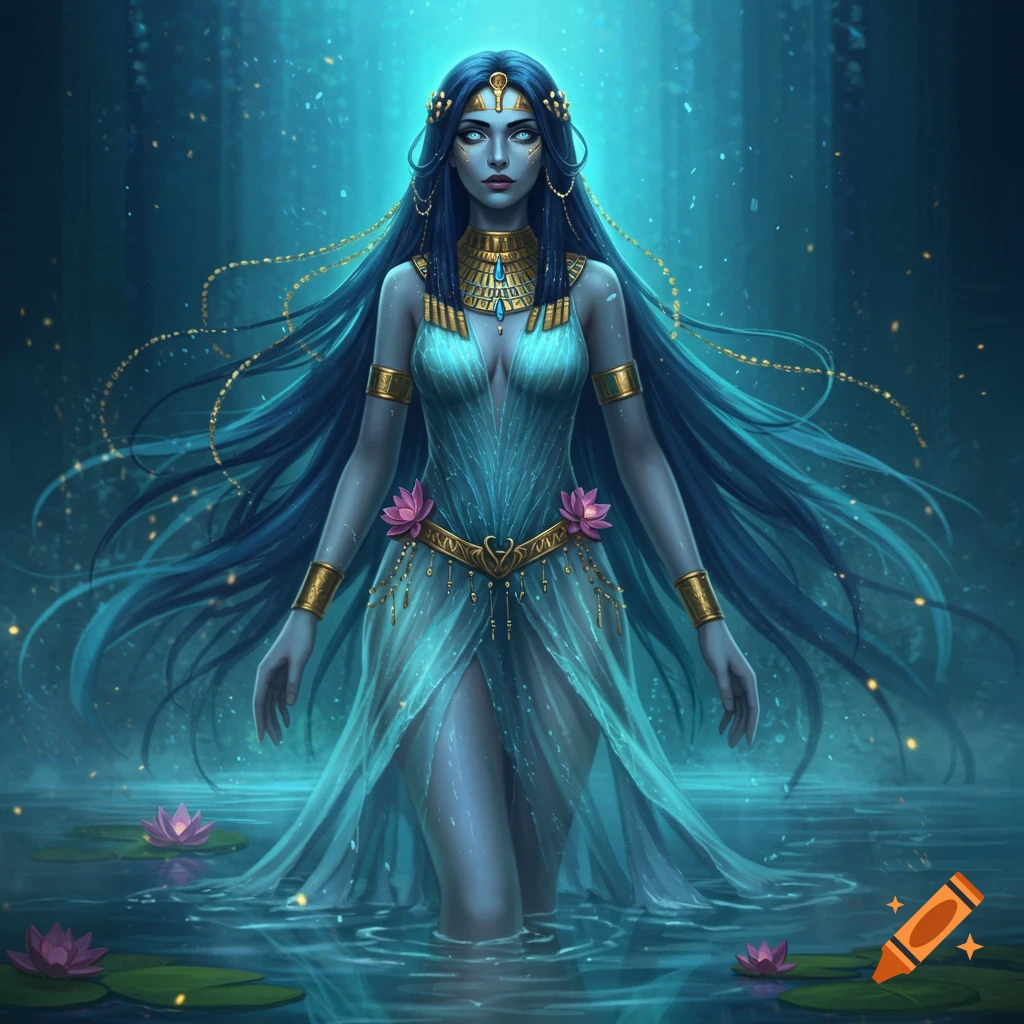 Naunet, an Egyptian water goddess with blue skin, long blue hair, and a translucent blue gown, stands in mystical waters with lotus flowers, fantasy art style.