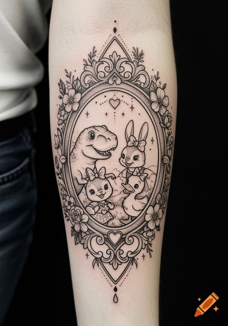 Black and white tattoo of a T-rex, bunny, fawn, and duckling in a floral, ornate oval frame on an arm.