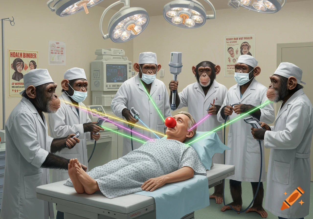 A humorous image of six chimpanzees dressed as doctors and nurses operating on a human male patient with a red clown nose, using colorful lasers in a realistic hospital room.