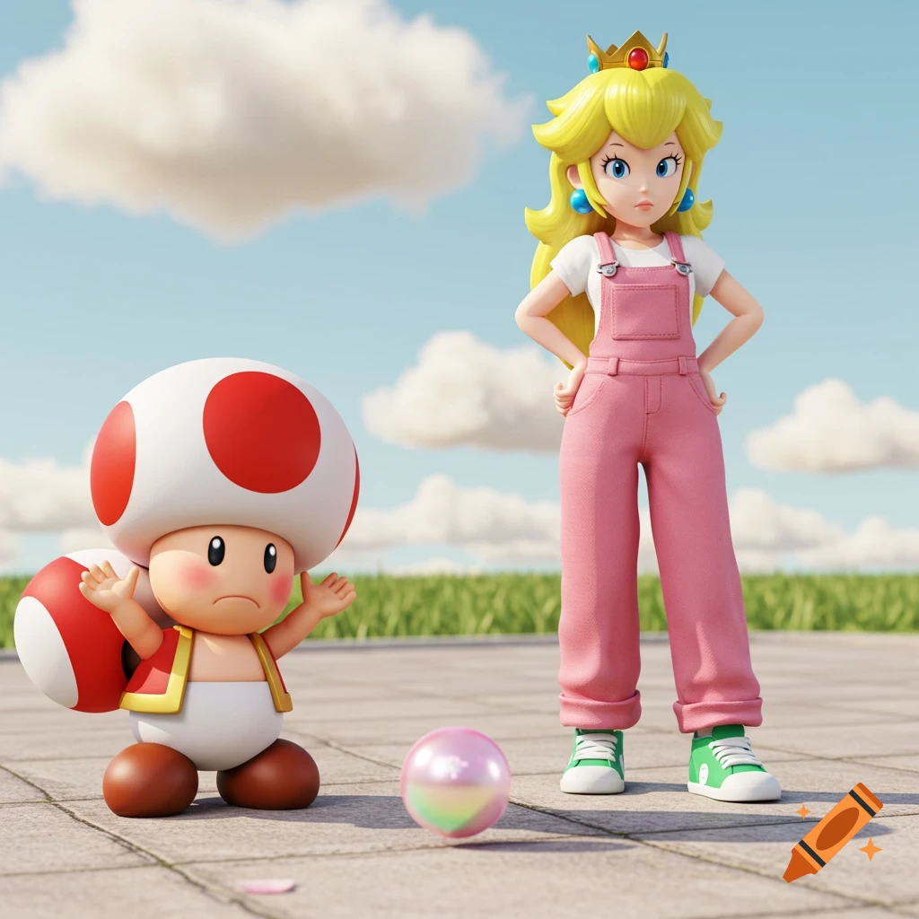 3D render of a sad Toad with a pearl on the ground next to an annoyed Princess Peach in pink overalls.