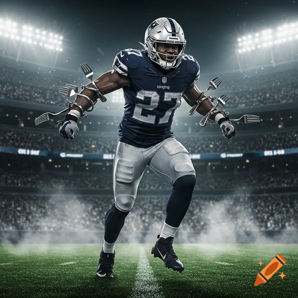 A photorealistic image of an American football player in a dark blue and white uniform with the number 27, running on a stadium field with forks chained to his arms. Bright stadium lights illuminate the scene, with blurred fans in the background.