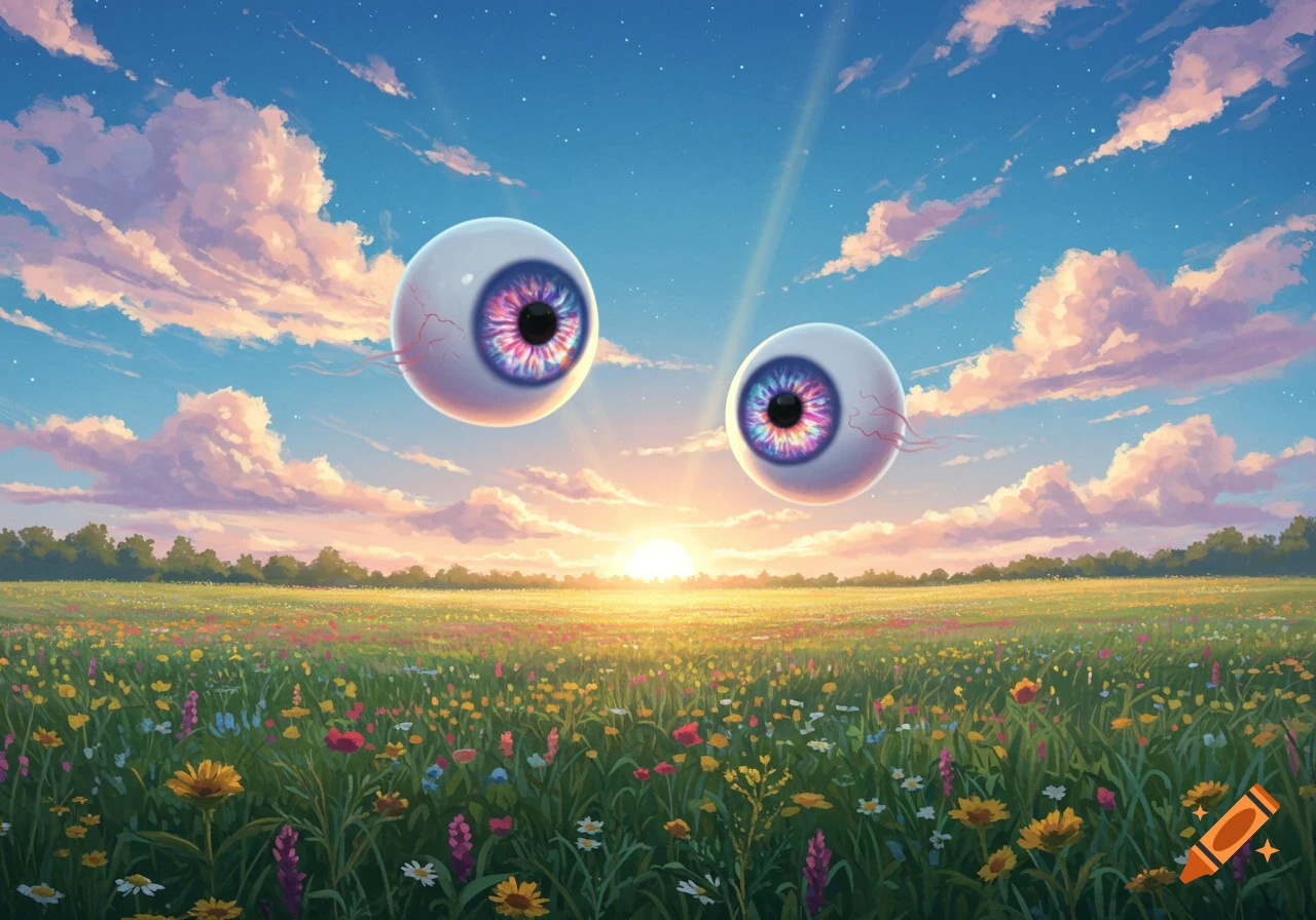 Two vibrant, colorful eyeballs float in a blue sky over a colorful wildflower field at sunset, in an illustrative style.