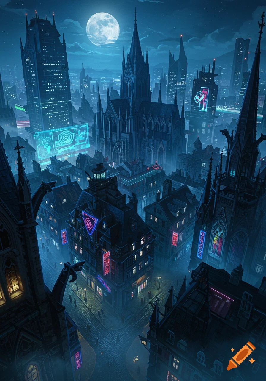 A detailed, dark, and atmospheric view of a futuristic gothic city at night under a full moon, with neon lights.