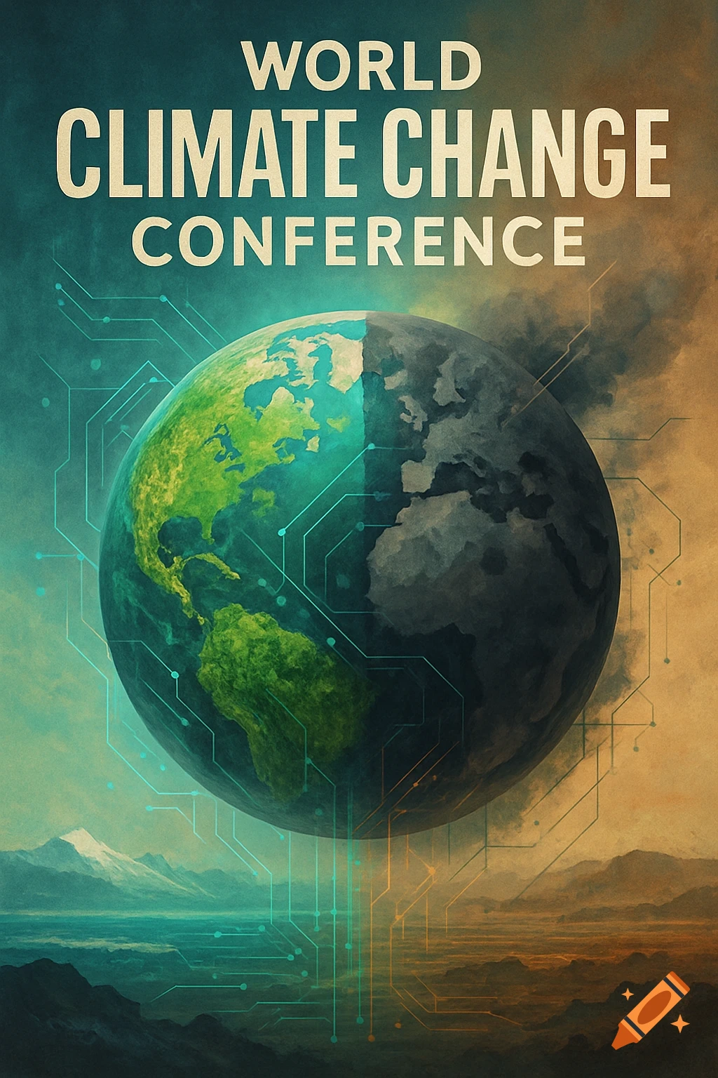 Poster for 'World Climate Change Conference' showing a globe split between vibrant green land and dark, smoky pollution, over contrasting landscapes.