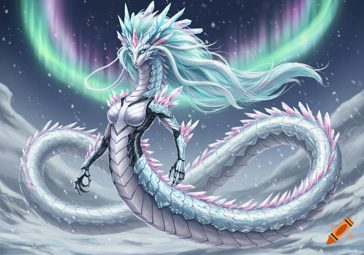 Majestic ice dragon with crystalline body and flowing aurora mane against a snowy night sky with aurora borealis, sci-fi fantasy style.