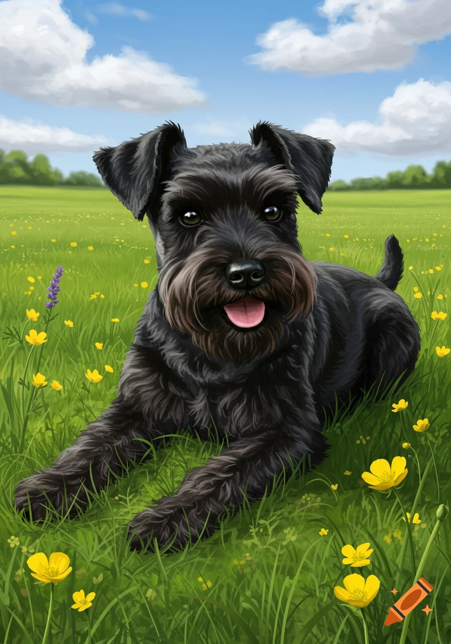 A black miniature schnauzer with fluffy fur lies in a green field filled with yellow and purple flowers under a blue sky, looking at the viewer.
