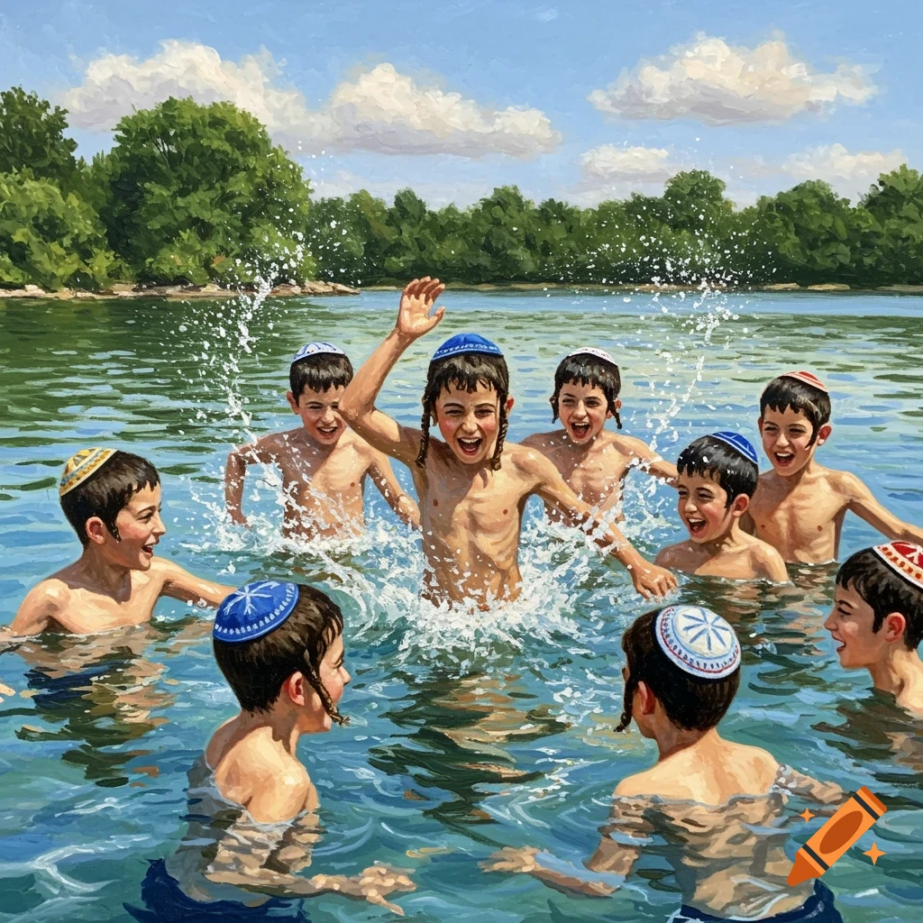 Painting of joyful Jewish boys swimming and splashing in a lake on a sunny day.