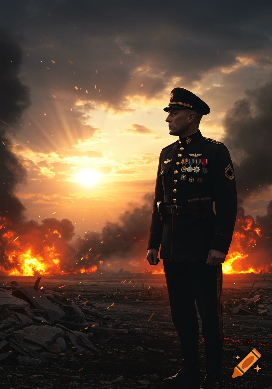 A photorealistic image of a military officer standing in a war-torn landscape with fires and smoke at sunset.