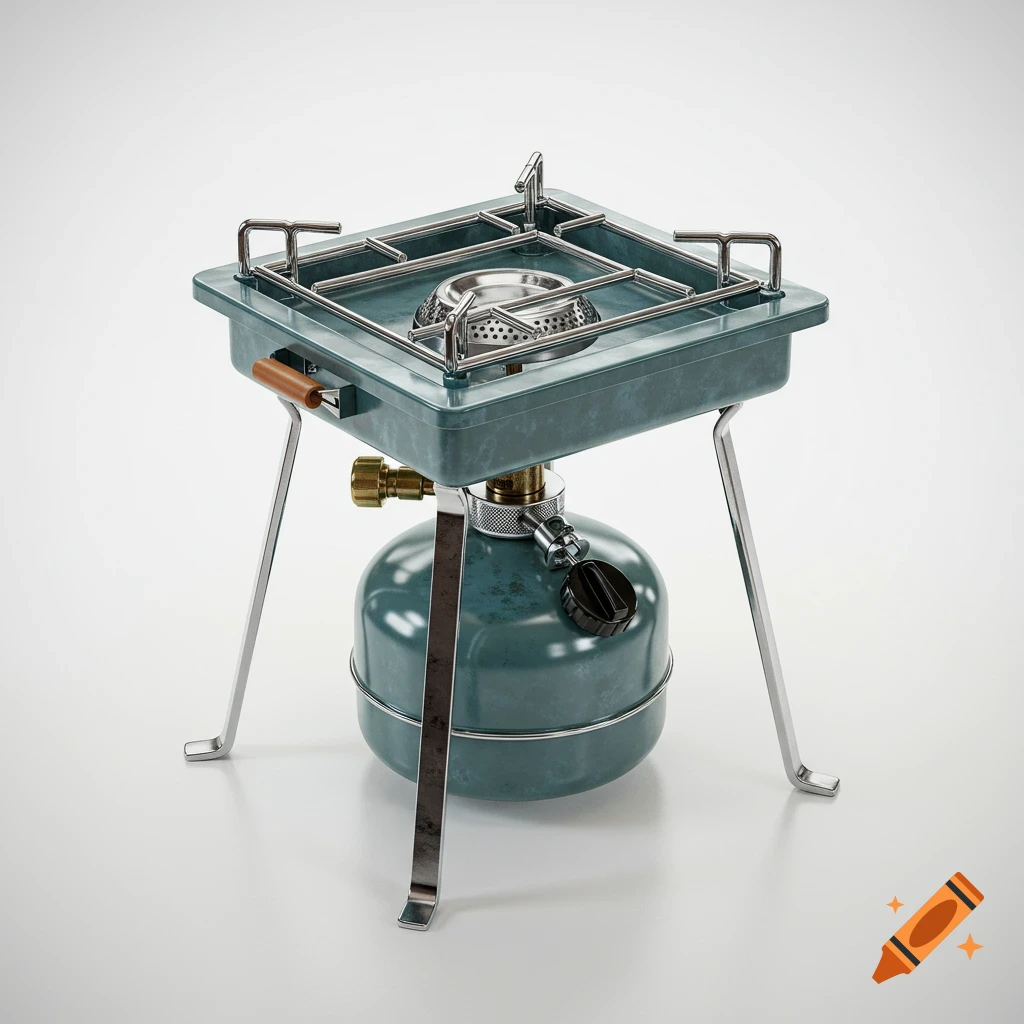 Vintage teal camping stove with chrome accents on a white background, photorealistic style.
