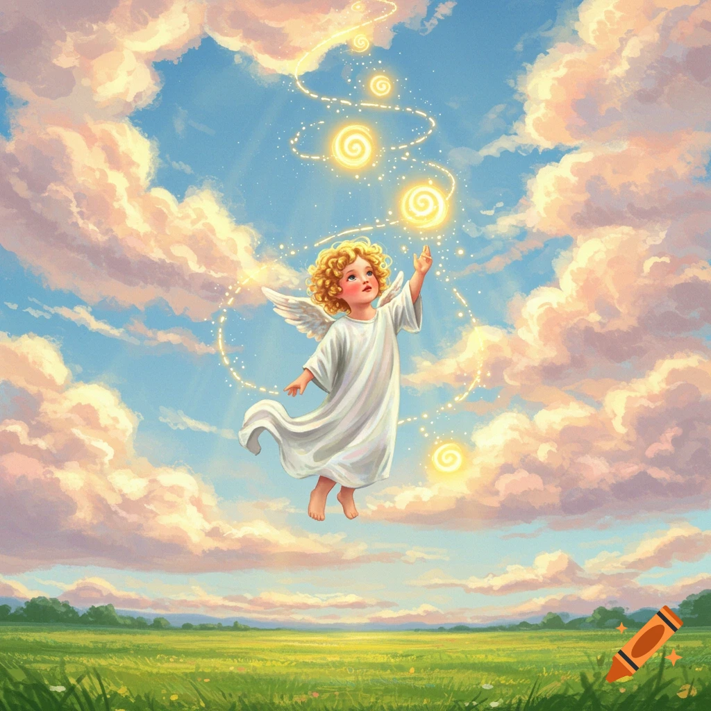 A cherubic angel child with golden curly hair floats in a blue sky filled with clouds above a green field, reaching up to glowing magical spirals.