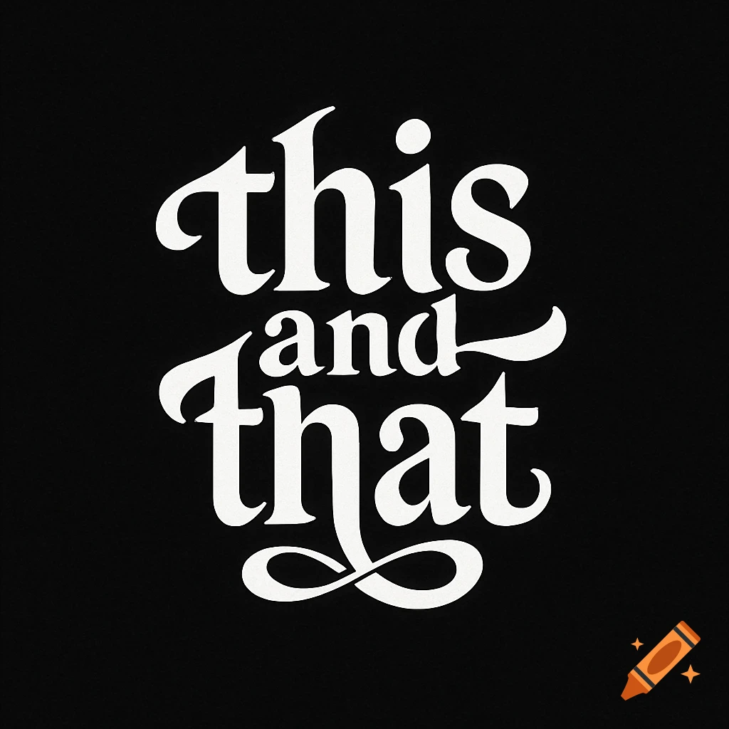 The words 'this and that' in elegant white calligraphic ambigram text on a black background, with an infinity symbol flourish.