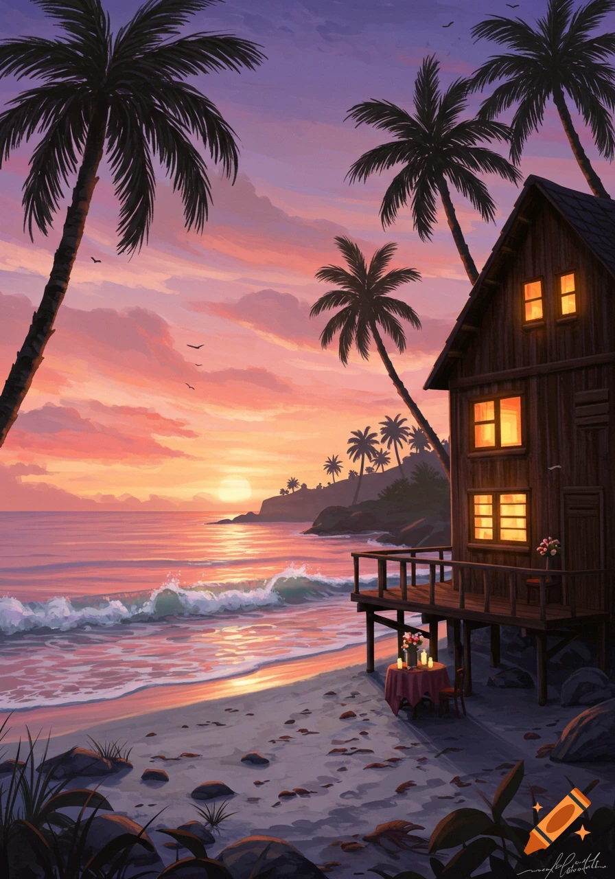 Stylized illustration of a tropical beach at sunset with a rustic cabin on stilts, palm trees, and gentle waves.