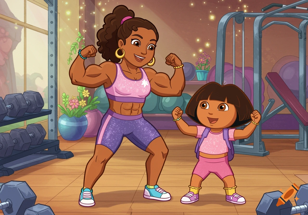Cartoon of Dora the Explorer and her muscular mother flexing their biceps in a colorful gym.