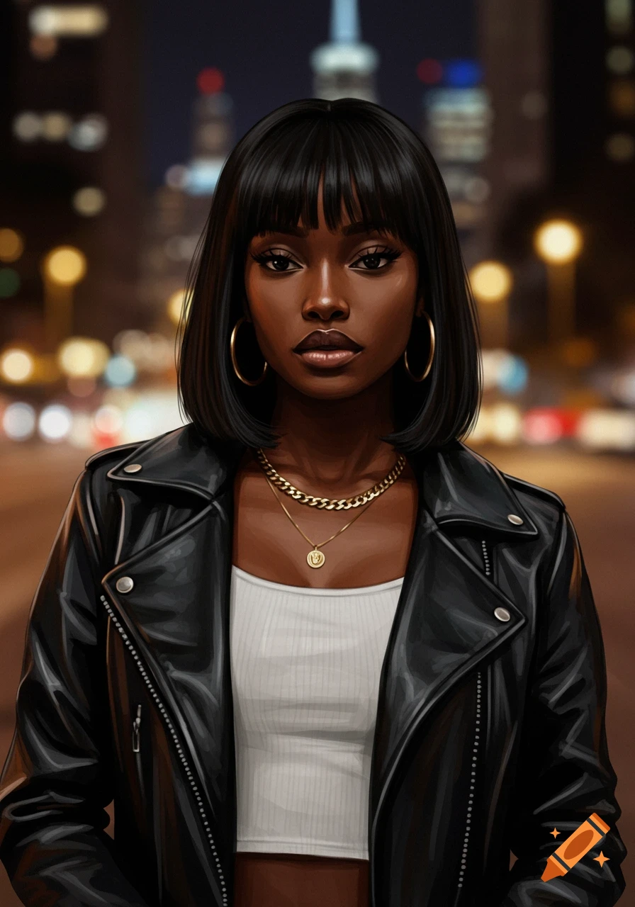 A stylized portrait of a young Black woman with bangs, wearing a black leather jacket, white crop top, and gold jewelry, against a blurred city night background.