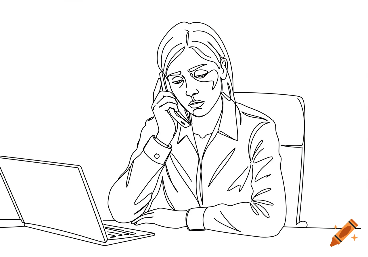 A line drawing of a business secretary looking run down while talking on a phone, with a laptop on the desk.
