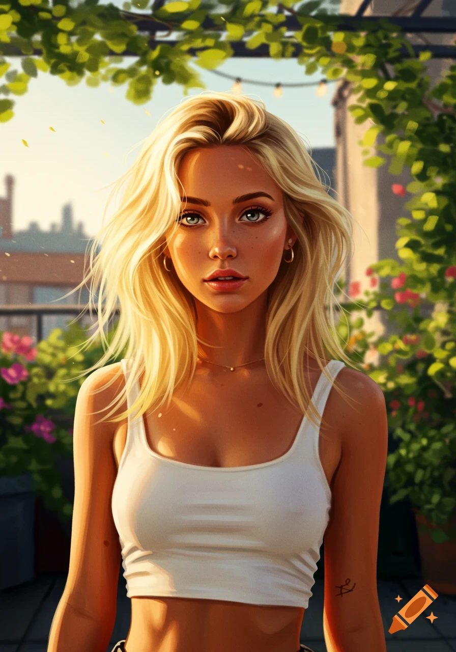 Digital painting of a blonde woman in a white crop top on a sunny rooftop patio with green plants.