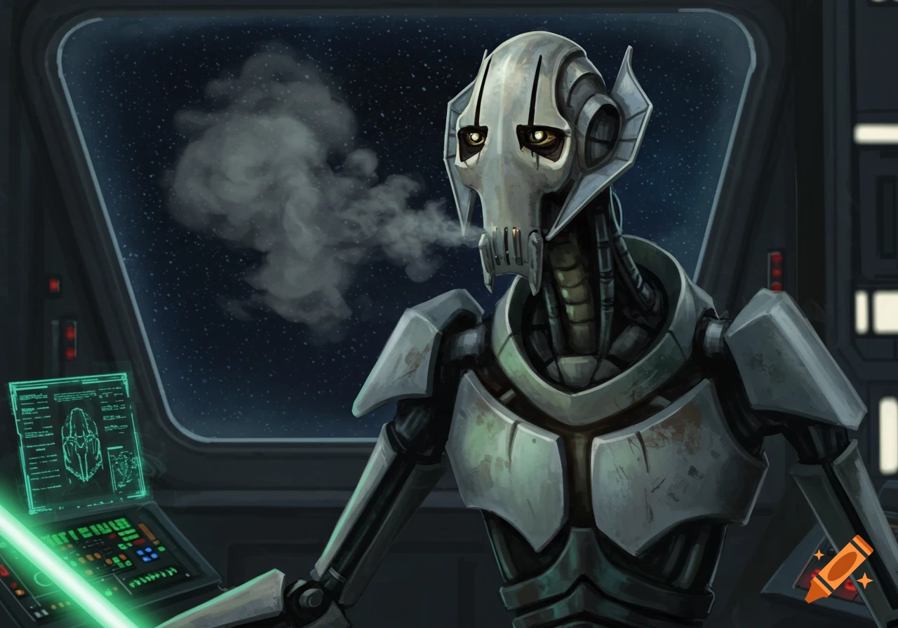 Digital art of General Grievous exhaling smoke in a spaceship cockpit, holding a green lightsaber.
