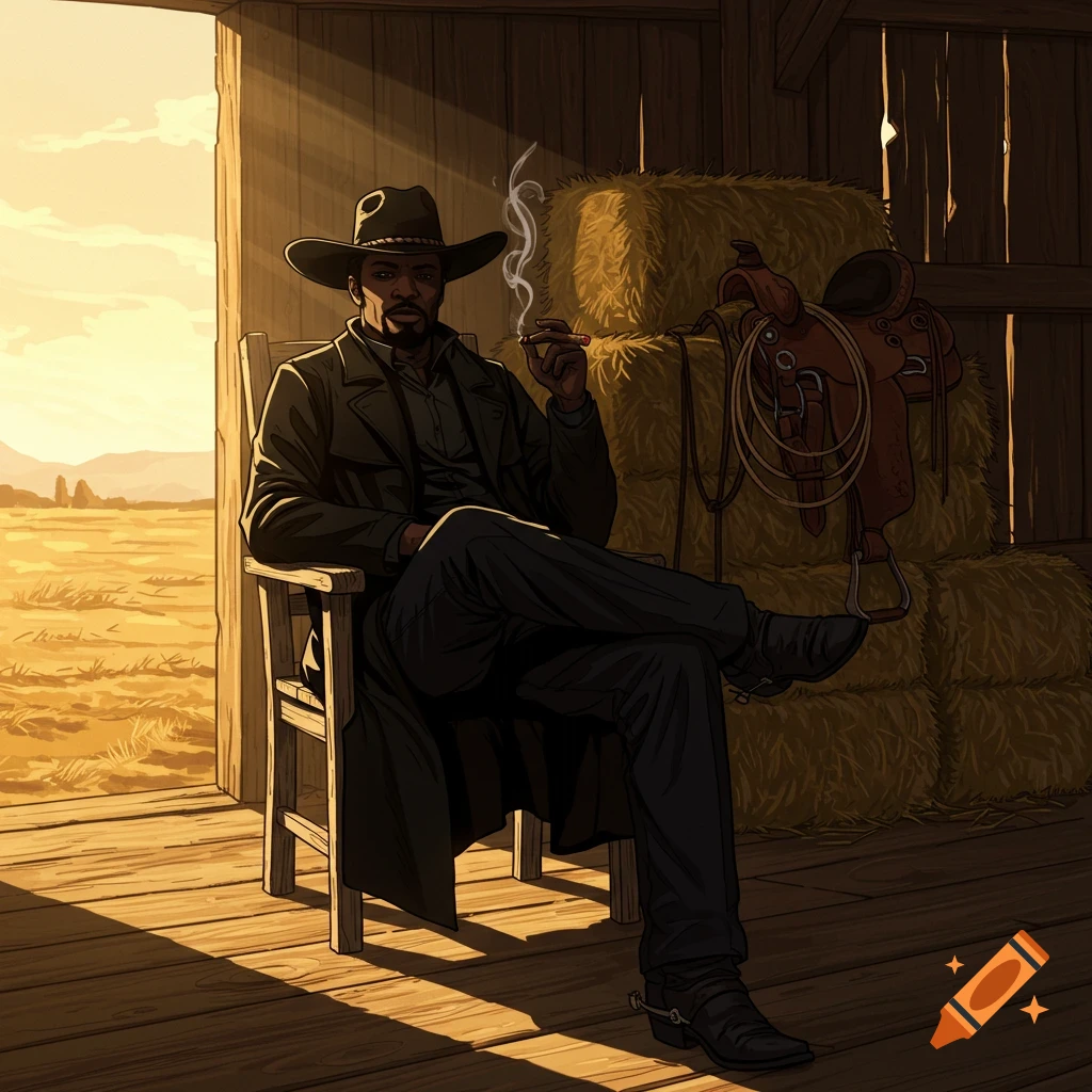 A Black cowboy in a hat and duster coat sits in a barn doorway, smoking a cigar, looking out at a sunny field. Illustration.
