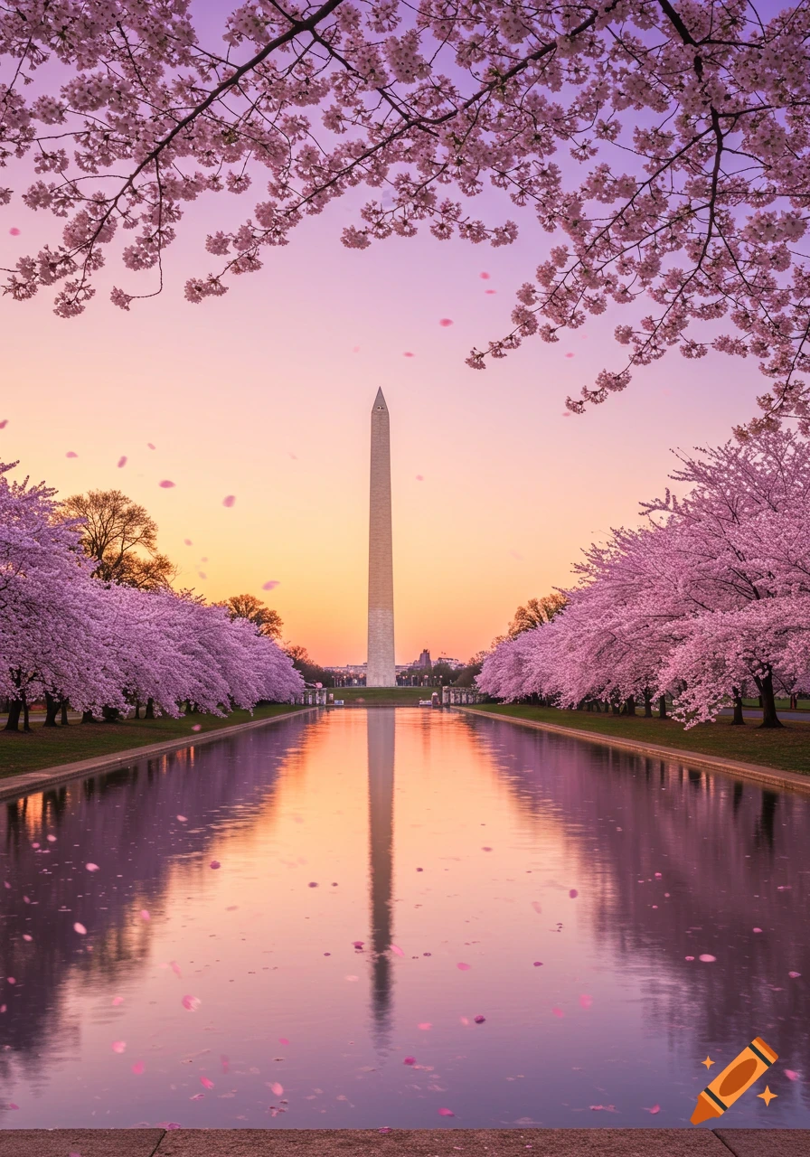 Photorealistic sunrise view of the Washington Monument reflecting in a pool, framed by pink cherry blossoms.